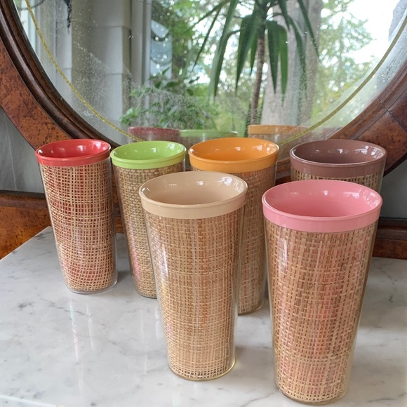 Vintage MCM Raffia 6 + 1 Tumblers Colorful Woven Set - Picture 2 of 6